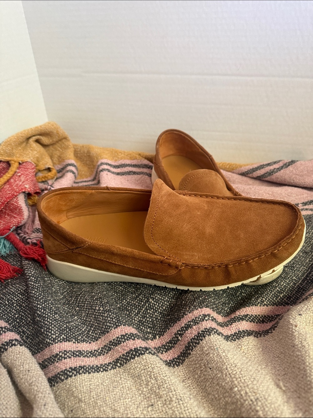 OluKai Men's Suede Slip-On Loafers in Chestnut Brown with White Sole